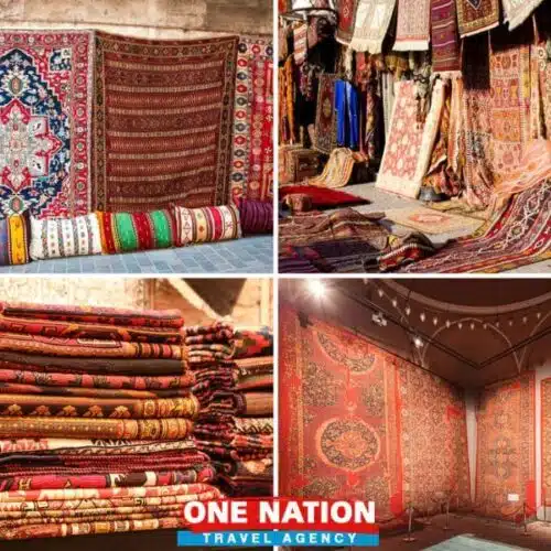 Expert guiding tourists on a Turkish rug shopping tour, showcasing vibrant patterns.