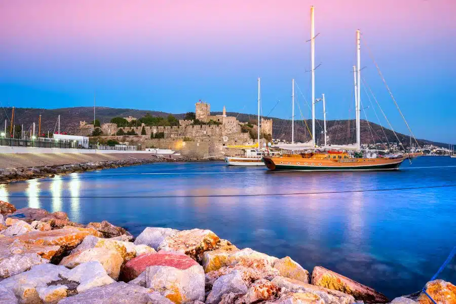 Breathtaking view of Bodrum, Turkey, showcasing its vibrant marina and historic castle.