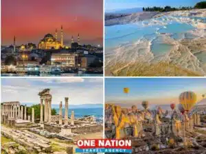 Explore Turkey's wonders on a 10-day tour: Istanbul's skyline, Pamukkale's terraces, Pergamon, Ephesus ruins, and Cappadocia's landscapes.