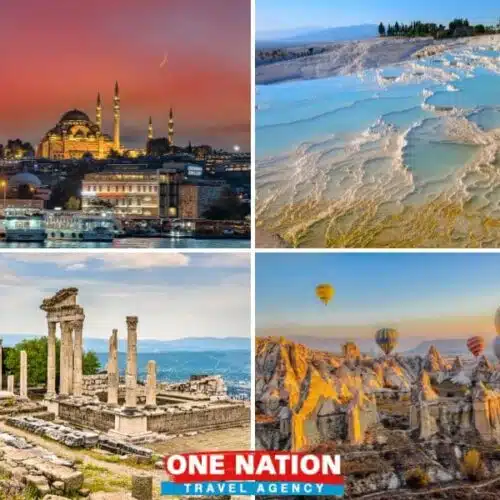 Explore Turkey's wonders on a 10-day tour: Istanbul's skyline, Pamukkale's terraces, Pergamon, Ephesus ruins, and Cappadocia's landscapes.