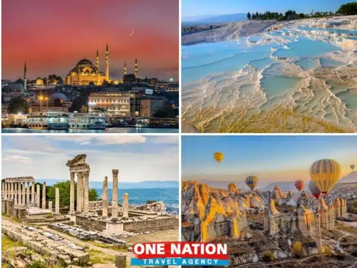 Explore Turkey's wonders on a 10-day tour: Istanbul's skyline, Pamukkale's terraces, Pergamon, Ephesus ruins, and Cappadocia's landscapes.