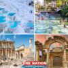 The image features a collage of travel destinations including terraced mineral pools, people swimming, and ancient ruins, with a travel agency logo at the bottom.