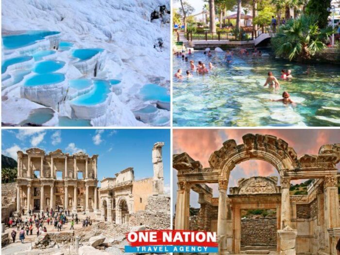 The image features a collage of travel destinations including terraced mineral pools, people swimming, and ancient ruins, with a travel agency logo at the bottom.