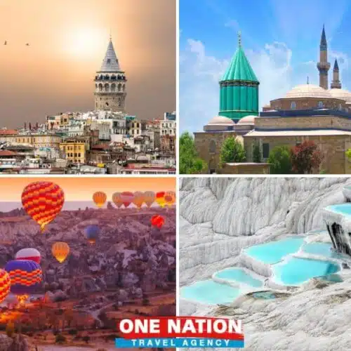 Explore Turkey tours: iconic Istanbul skyline, mystical Konya, unique Cappadocia formations, white terraces of Pamukkale & ancient ruins of Ephesus.