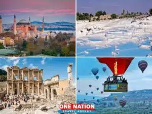 Travelers marveling at the sights on a 6-Day tour by plane, including Istanbul's skyline, Pamukkale's thermal pools, Ephesus ruins, and Cappadocia's fairy chimneys.
