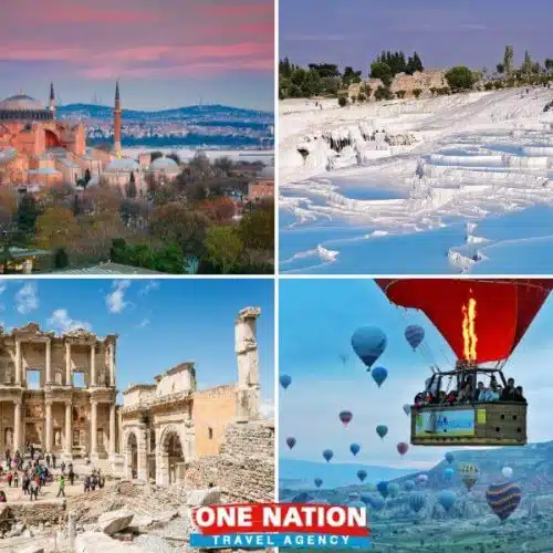 Travelers marveling at the sights on a 6-Day tour by plane, including Istanbul's skyline, Pamukkale's thermal pools, Ephesus ruins, and Cappadocia's fairy chimneys.