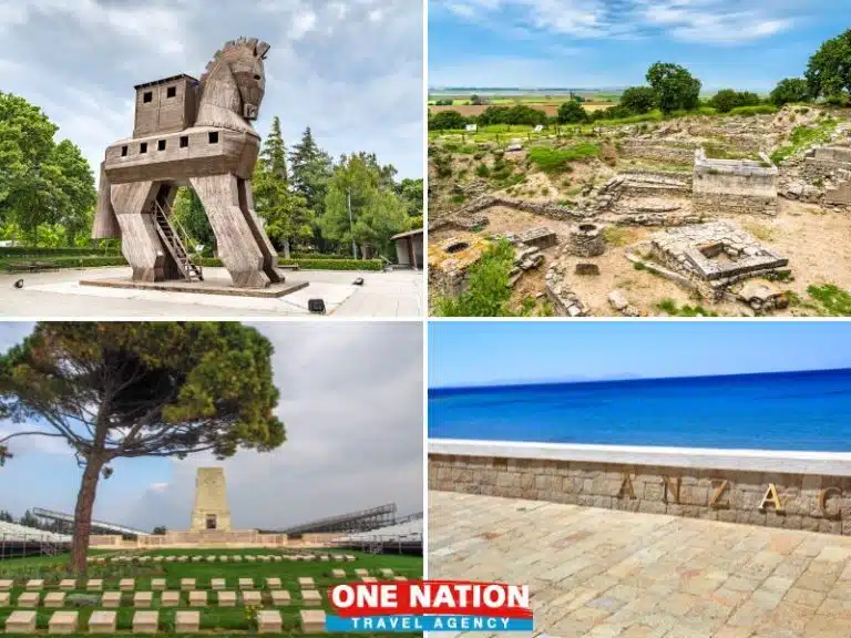 Troy and Gallipoli guided tour flyer, highlighting historical landmarks and itinerary details.