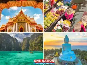 Collage of Bangkok's temples and Phuket's beaches for a 6-day Thailand tour.