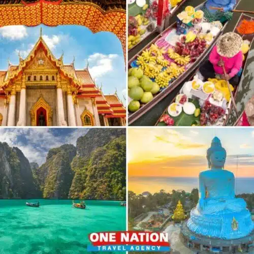 Collage of Bangkok's temples and Phuket's beaches for a 6-day Thailand tour.