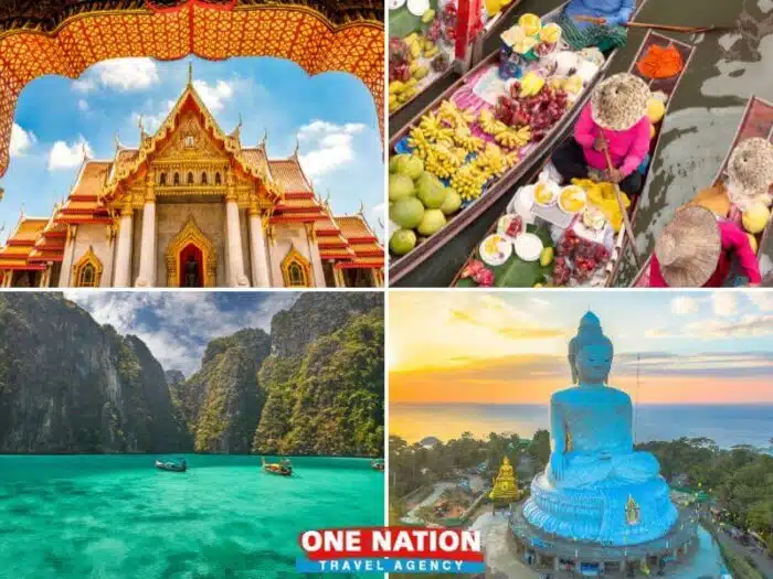 Collage of Bangkok's temples and Phuket's beaches for a 6-day Thailand tour.