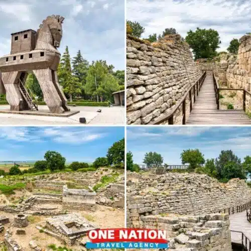 Private tour guide in front of the ancient ruins of Troy, promoting Turkey tours from Istanbul.