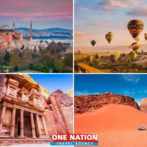 Explore iconic sites on this 8-day Turkey and Jordan tour, featuring Istanbul, Cappadocia, Petra, Wadi Rum, and the Dead Sea.
