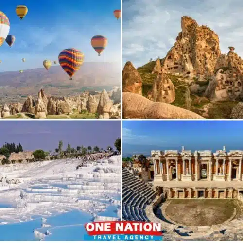 Travelers exploring Cappadocia's unique rock formations and Pamukkale's white terraces, 5-day Turkey tours.
