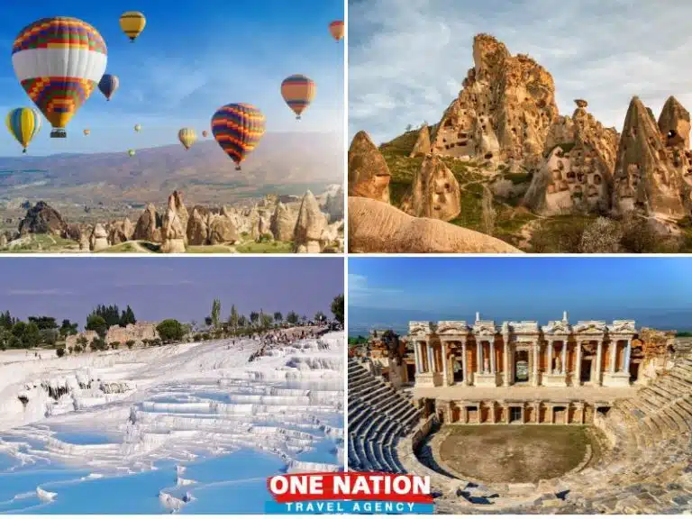 Travelers exploring Cappadocia's unique rock formations and Pamukkale's white terraces, 5-day Turkey tours.