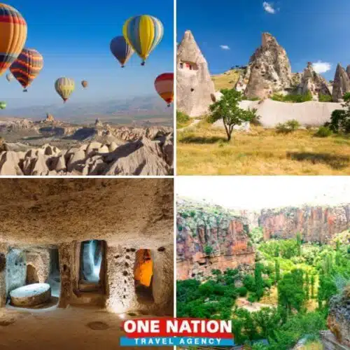 Hot air balloons over Cappadocia's unique rock formations with a sunrise backdrop on a 4-day tour from Istanbul.