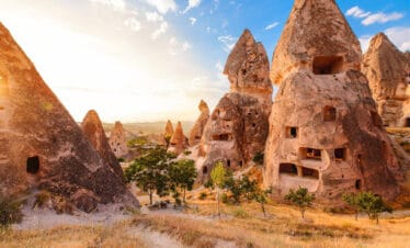 Sunlit fairy chimneys with carved cave dwellings surrounded by dry grass and trees in Cappadocia, Turkey.