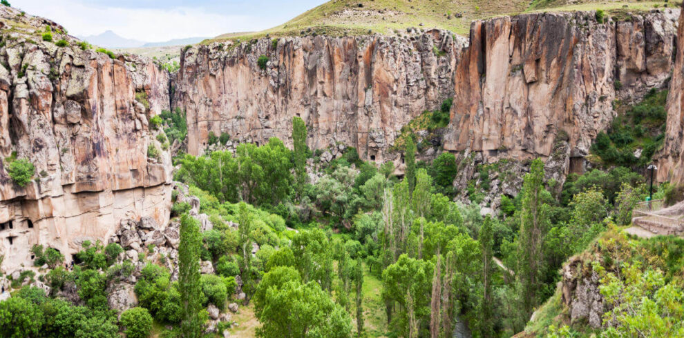 Lush green trees and a winding stream between steep rocky cliffs in Ihlara Valley, Cappadocia, Turkey.