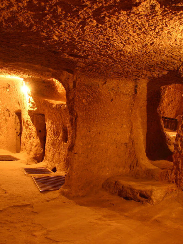 Narrow, dimly lit tunnels and chambers carved from rock in Kaymakli Underground City, Cappadocia, Turkey.
