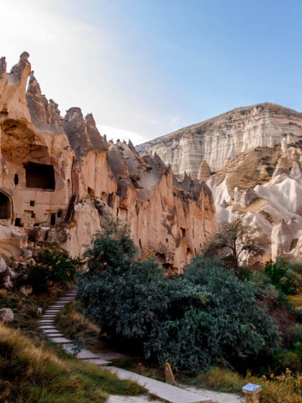Pathway leading to ancient rock-cut dwellings in Zelve Open Air Museum, Cappadocia.