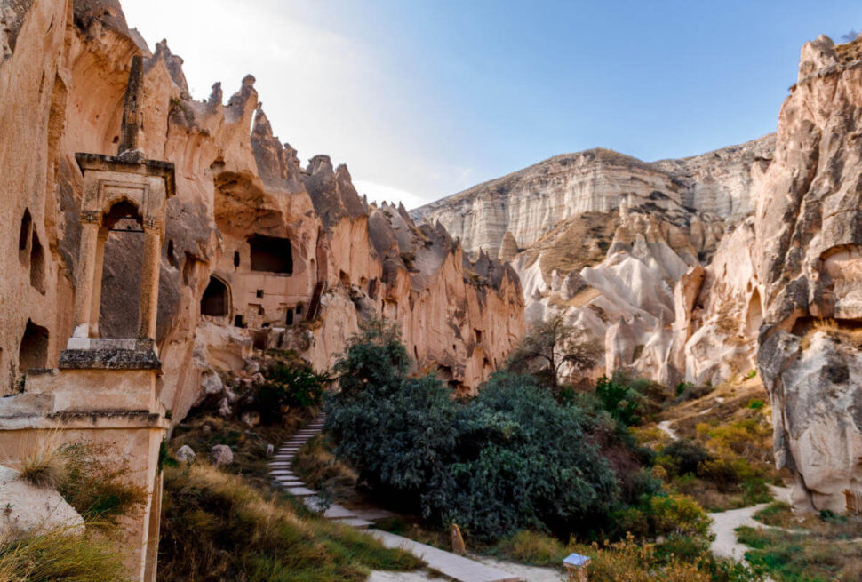 Pathway leading to ancient rock-cut dwellings in Zelve Open Air Museum, Cappadocia.