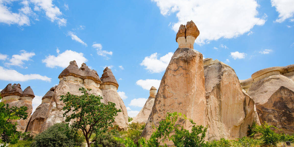 Iconic fairy chimneys with conical caps in Pasabag Valley, Cappadocia, surrounded by greenery under a bright blue sky.