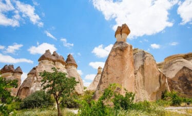 Iconic fairy chimneys with conical caps in Pasabag Valley, Cappadocia, surrounded by greenery under a bright blue sky.