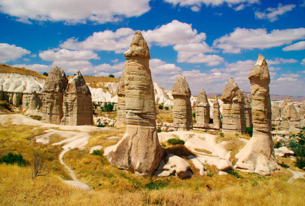 Tall, phallic-shaped fairy chimneys in Love Valley, Cappadocia, under a bright blue sky with scattered clouds.
