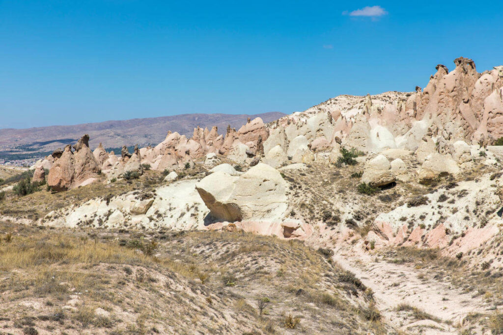 Whimsical rock formations in Devrent Valley, Cappadocia resembling animals and figures under a clear blue sky.