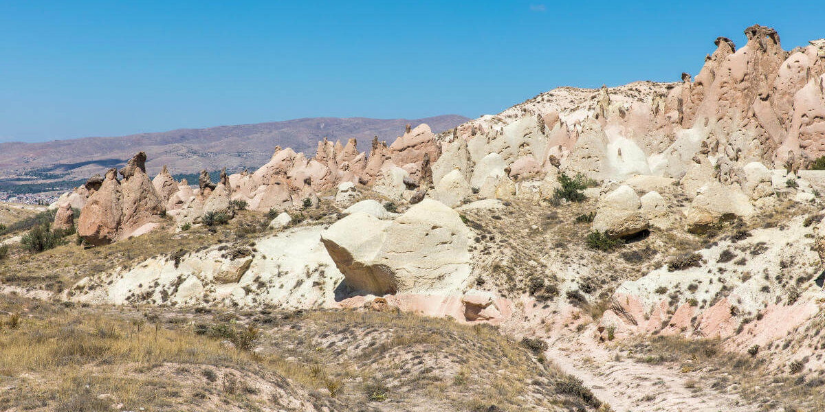 Whimsical rock formations in Devrent Valley, Cappadocia resembling animals and figures under a clear blue sky.