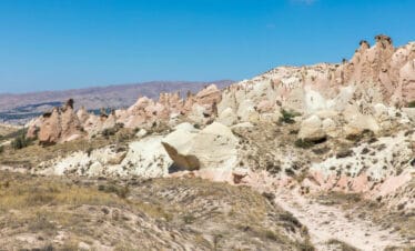 Whimsical rock formations in Devrent Valley, Cappadocia resembling animals and figures under a clear blue sky.