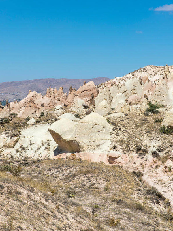 Whimsical rock formations in Devrent Valley, Cappadocia resembling animals and figures under a clear blue sky.