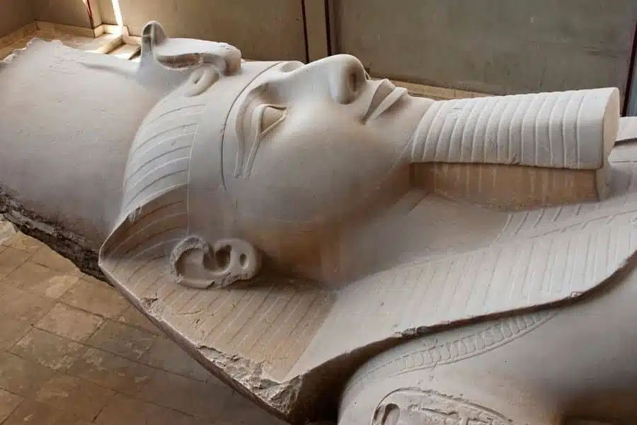 Ancient limestone Sphinx of Memphis statue in Mit Rahina, Egypt, set against a backdrop of palm trees under a clear sky.