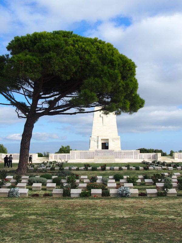 Lone Pine Cemetery and Memorial with a large pine tree and soldier graves in Gallipoli Peninsula, Çanakkale, Turkey.
