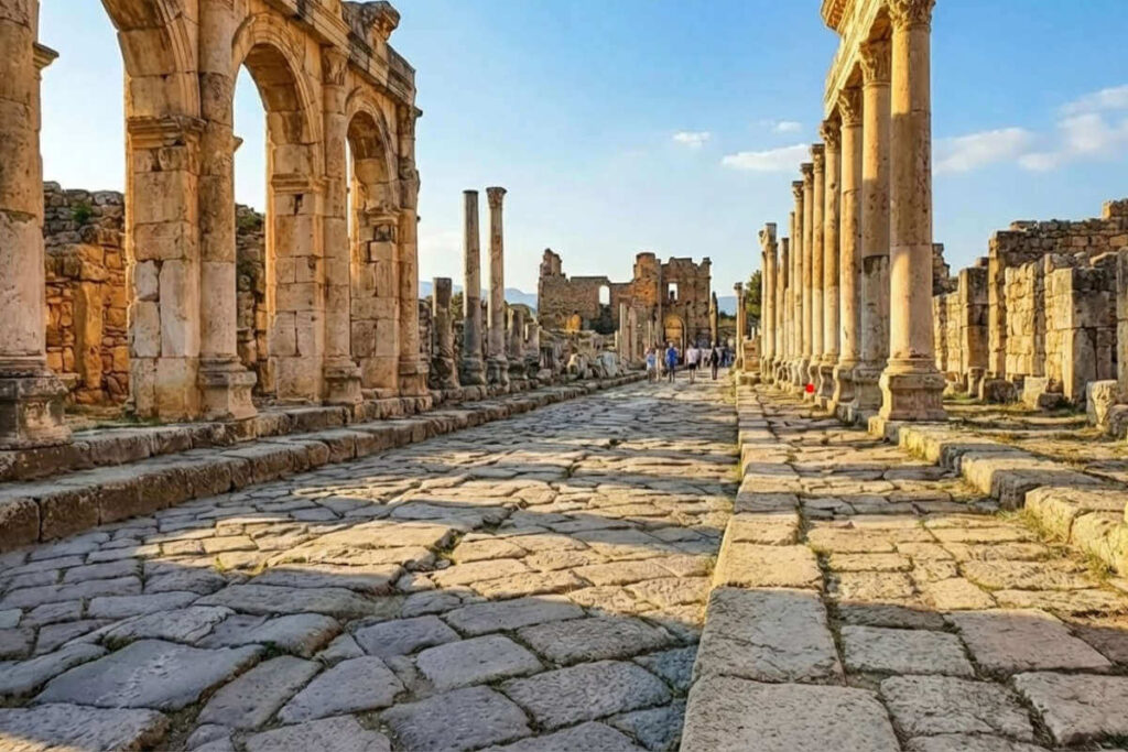 Ancient Frontinus Street in Hierapolis, Pamukkale, featuring stone columns, paved road, and historic ruins under a blue sky.