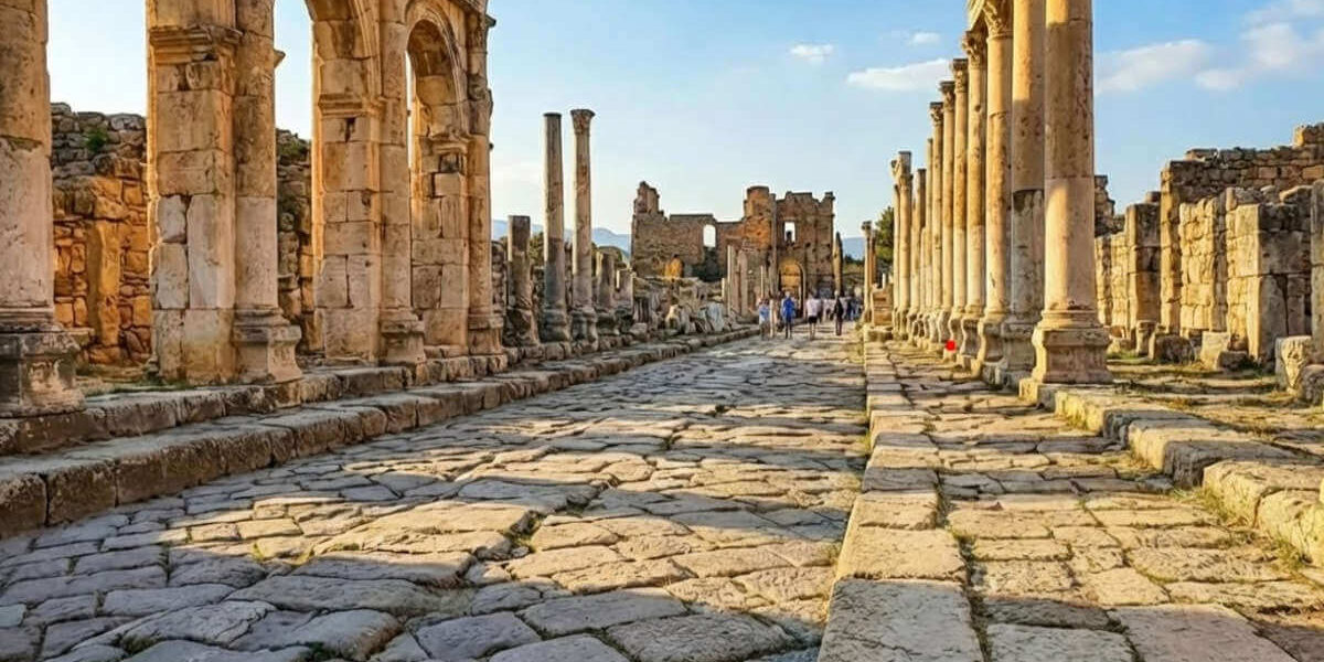 Ancient Frontinus Street in Hierapolis, Pamukkale, featuring stone columns, paved road, and historic ruins under a blue sky.