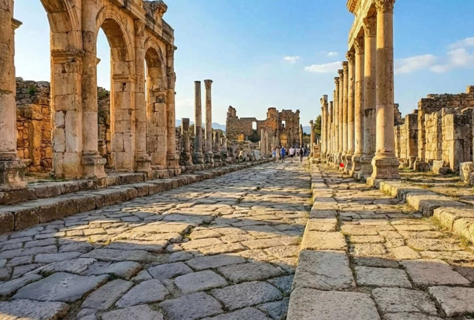 Ancient Frontinus Street in Hierapolis, Pamukkale, featuring stone columns, paved road, and historic ruins under a blue sky.