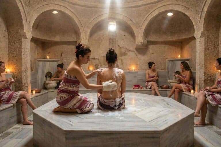 Woman receiving foam massage on central marble platform in traditional Turkish bath hammam with stone arches.