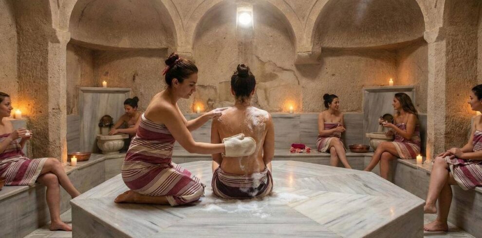 Woman receiving foam massage on central marble platform in traditional Turkish bath hammam with stone arches.