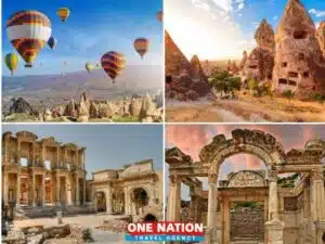Hot air balloons over Cappadocia rock formations, ancient cave dwellings, and historic ruins in Ephesus on a 4-day tour with One Nation Travel.