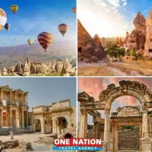 Hot air balloons over Cappadocia rock formations, ancient cave dwellings, and historic ruins in Ephesus on a 4-day tour with One Nation Travel.