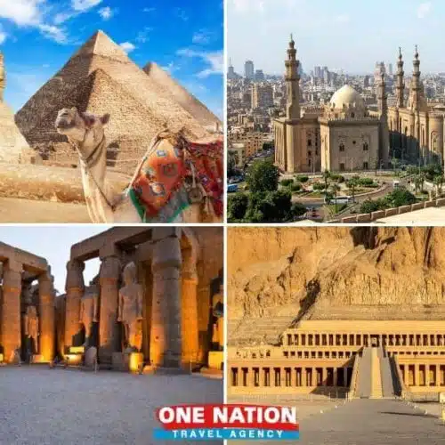 Collage of Egyptian landmarks, including the Great Sphinx, Cairo skyline, Luxor Temple, and Hatshepsut Temple, for a 5-day tour by One Nation Travel.