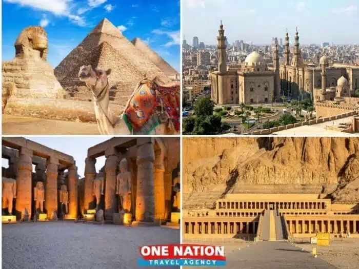 Collage of Egyptian landmarks, including the Great Sphinx, Cairo skyline, Luxor Temple, and Hatshepsut Temple, for a 5-day tour by One Nation Travel.
