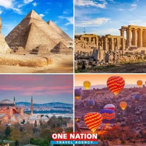 Tour package showcasing iconic landmarks in Cairo, Luxor, Istanbul, and Cappadocia, including pyramids, temples, and hot air balloons.