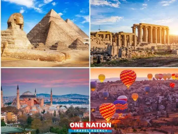 Tour package showcasing iconic landmarks in Cairo, Luxor, Istanbul, and Cappadocia, including pyramids, temples, and hot air balloons.