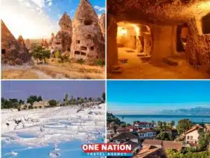 Iconic Cappadocia caves, Pamukkale thermal terraces, Antalya coast, and illuminated underground city by One Nation Travel.