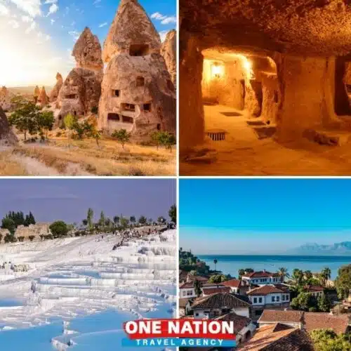 Iconic Cappadocia caves, Pamukkale thermal terraces, Antalya coast, and illuminated underground city by One Nation Travel.
