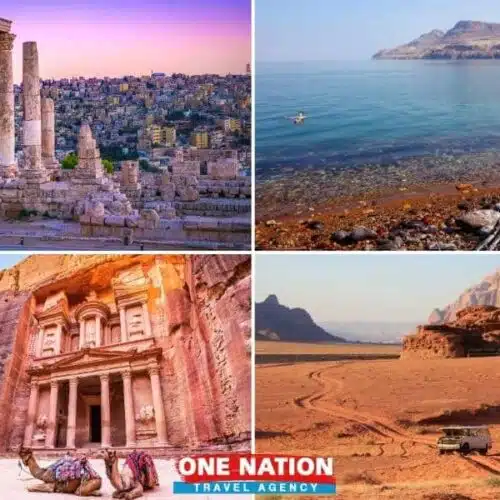 Collage of Jordan attractions featuring Amman's ancient ruins, the Dead Sea shoreline, Petra's stone-carved Treasury, and Wadi Rum desert landscape.