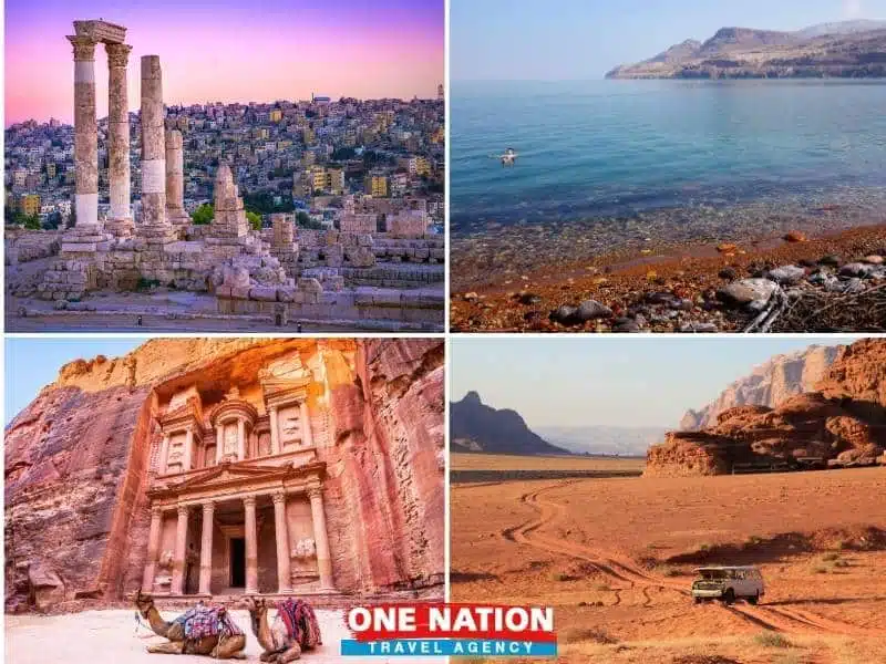 Collage of Jordan attractions featuring Amman's ancient ruins, the Dead Sea shoreline, Petra's stone-carved Treasury, and Wadi Rum desert landscape.