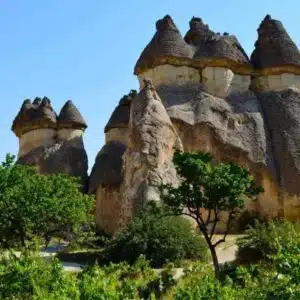 Iconic fairy chimneys in Cappadocia, Turkey, featuring unique cone-shaped rock formations surrounded by lush greenery.
