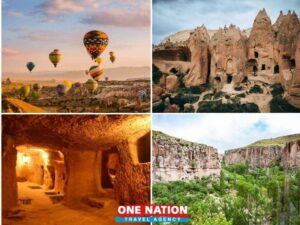 Scenic Cappadocia with hot air balloons, ancient rock formations, underground city, and lush Ihlara Valley views.